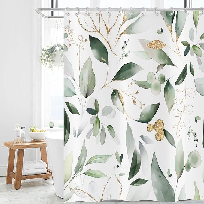 Green and Gold Leaf Shower Curtain, Sage Eucalyptus Leaves with Gold Branches Botanical Plants Fabric Bathroom Curtain Home Decor Waterproof Washable 12 Hooks, 72'' Lx60 W (GCI-8085)
