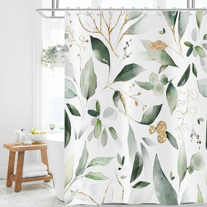 Green and Gold Leaf Shower Curtain, Sage Eucalyptus Leaves with Gold Branches Botanical Plants Fabric Bathroom Curtain Home Decor Waterproof Washable 12 Hooks, 72'' Lx60 W (GCI-8085)