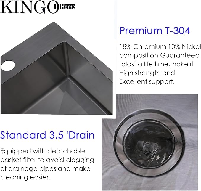KINGO HOME 22x18 Inch Black Kitchen Sink,Drop In 16 Gauge RV Small Kitchen Bar Sinks,Stainless Steel Topmount Outdoor Prep Single Bowl Workstation Wet Bar Sink with Stainless Steel Strainer