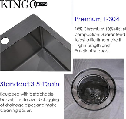 KINGO HOME 22x18 Inch Black Kitchen Sink,Drop In 16 Gauge RV Small Kitchen Bar Sinks,Stainless Steel Topmount Outdoor Prep Single Bowl Workstation Wet Bar Sink with Stainless Steel Strainer