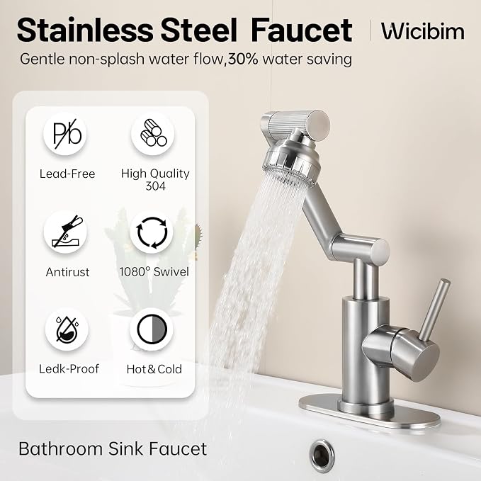 Wicibim Brushed Nickel Bathroom Sink Faucet, Stainless Steel Single Handle with 1080° Rotation, 2 Water Outlet Modes, Hot and Cold Hoses,Swivel Faucet