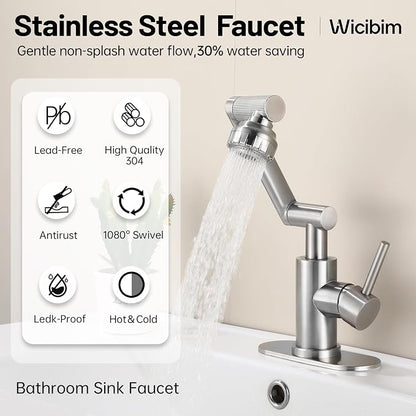 Wicibim Brushed Nickel Bathroom Sink Faucet, Stainless Steel Single Handle with 1080° Rotation, 2 Water Outlet Modes, Hot and Cold Hoses,Swivel Faucet