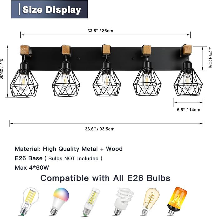 maesta 5 Light Bathroom Vanity Light, Farmhouse Black Fixture Over Mirror | Farmhouse Bathroom Light Fixtures, Wood & Metal, Anti-Rust, Easy to Install for Rustic Bathroom Hallway