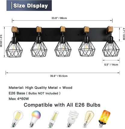 maesta 5 Light Bathroom Vanity Light, Farmhouse Black Fixture Over Mirror | Farmhouse Bathroom Light Fixtures, Wood & Metal, Anti-Rust, Easy to Install for Rustic Bathroom Hallway