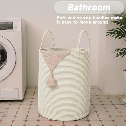 JMvicyroam 60L Cotton Rope Laundry Basket Hamper, White | Collapsible laundry basket, reinforced handles, freestanding, machine washable, holds 3-5 thick blankets, clothes or toys