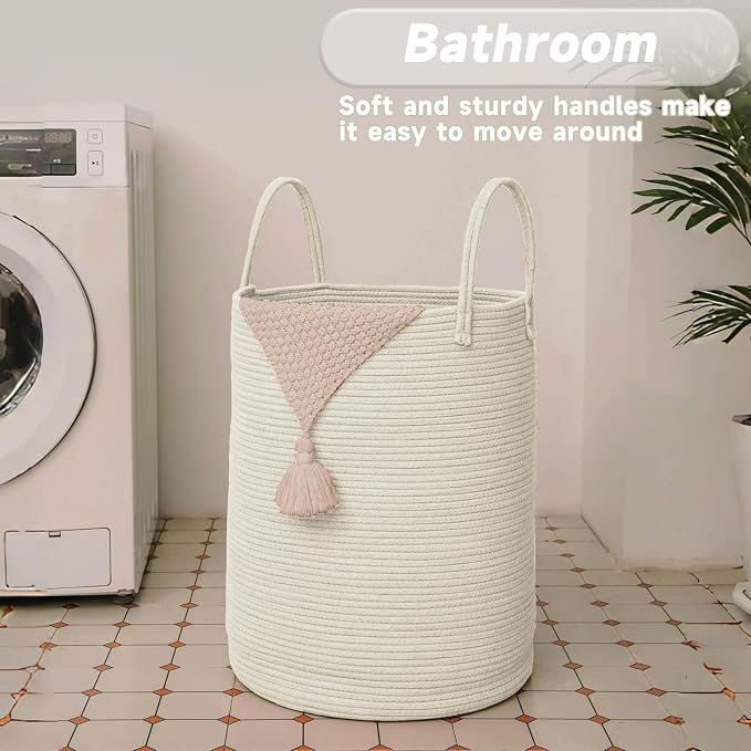 JMvicyroam 80L Cotton Rope Laundry Basket Hamper, White | Collapsible laundry basket, reinforced handles, freestanding, machine washable, holds 3-5 thick blankets, clothes or toys