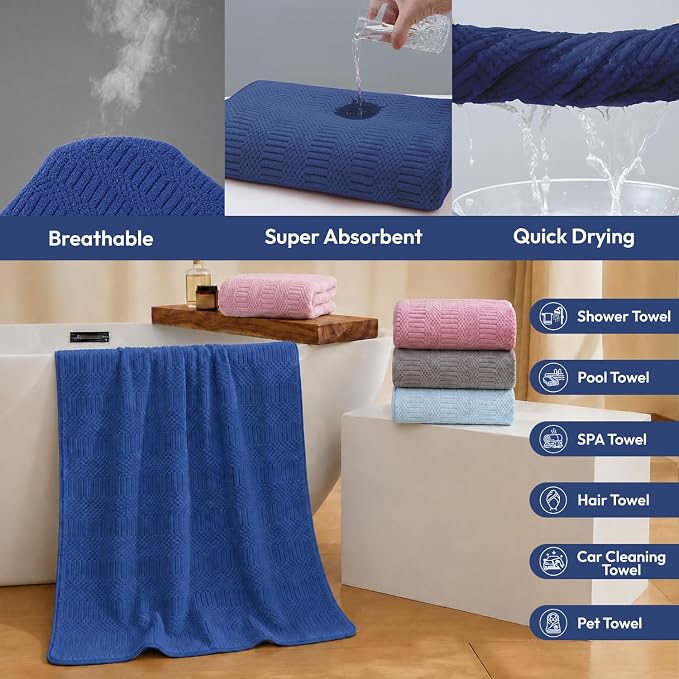JML Microfiber Bath Towels, 2 Pack, 27x55 in, Navy | Soft, Super Absorbent, Quick Dry, Lint-Free, Lightweight Bathroom Towel with Hanging Loop for Daily Use