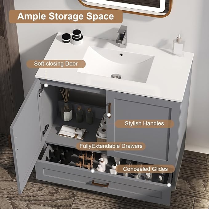 36 inch Bathroom Vanity with Sink, Modern Grey Vanity for Bathroom with Undermount Ceramic Sink, Freestanding 2-Door & 1-Drawer Storage Cabinet, for Small Bathroom Space, (Grey, 36")