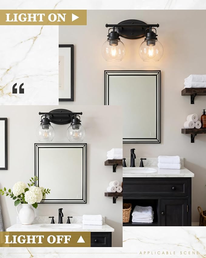 Black Bathroom Light Fixtures, 2-Light 14" Vanity Lights with Clear Globe Glass Shades, Farmhouse Vintage Vanity Lighting Fixtures Over Mirror, E26 Base, AD-2147-2W-BK