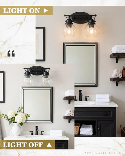 Black Bathroom Light Fixtures, 2-Light 14" Vanity Lights with Clear Globe Glass Shades, Farmhouse Vintage Vanity Lighting Fixtures Over Mirror, E26 Base, AD-2147-2W-BK