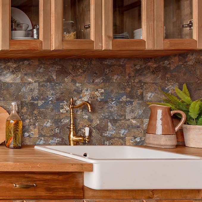 2026 New Upgrade Peel and Stick Backsplash Tile, Peel and Stick 11.34" X 11.57" Wall Tile for Kitchen, Bathroom, Fireplace, Laundry (Brown Stone Rock, 20 Packs)