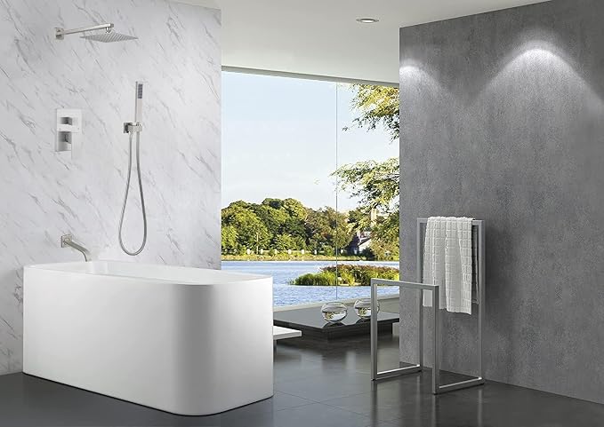 Brushed Nickel Shower System with Tub Spout Wall Mounted Tub Shower Faucet Set for Bathroom with High Pressure 10" Rain Shower head and Handheld Shower Head Kit