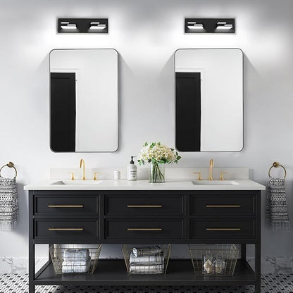 LED Modern Bathroom Vanity Light Fixtures, Dimmable Matte Black Vanity Lights for Bathroom Lighting Fixtures Over Mirror, with 360° Rotatable Acrylic Heads 2-Light 16-inch (Cool White 6000K)