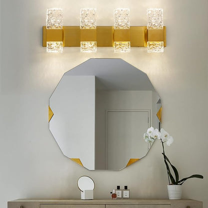 Gold Bathroom Vanity Light Fixtures - Brushed Gold Vanity Light Bathroom Lighting Fixtures Over Mirror 40W Dimmable Crystal Wall sconces 4 Light LED Modern Bathrooms Lights 4000K