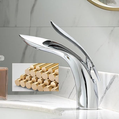 BiaoTeng Single Handle Chrome Bathroom Sink Faucets High Hot and Cold Brass Faucet for Bathroom Sink One Hole