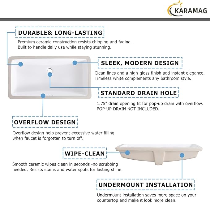32 Inch Undermount Bathroom Sink Rectangle Undermount Sink White Ceramic Under Counter Bathroom Sinks with Overflow (31.9"x16.5")