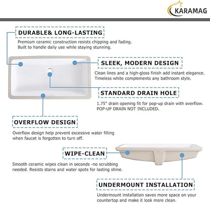 32 Inch Undermount Bathroom Sink Rectangle Undermount Sink White Ceramic Under Counter Bathroom Sinks with Overflow (31.9"x16.5")