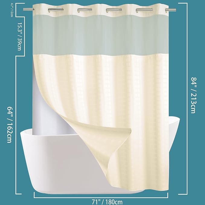 Conbo Mio Extra Long No Hook Shower Curtain with Snap in Liner Set, Hotel Luxury Beige Shower Curtains for Bathroom with See Through Top Window, Waterproof, Washable 71W x 84H