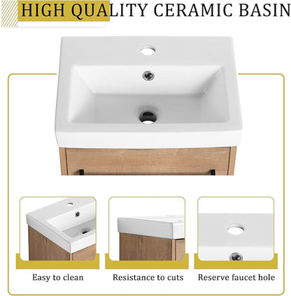 KEIKI 18'' Bathroom Vanity Cabinet with Sink, Wall Mounted Floating Bathroom Vanity with Soft-Close Cabinet Door, for Small Bathroom, Imitative Oak