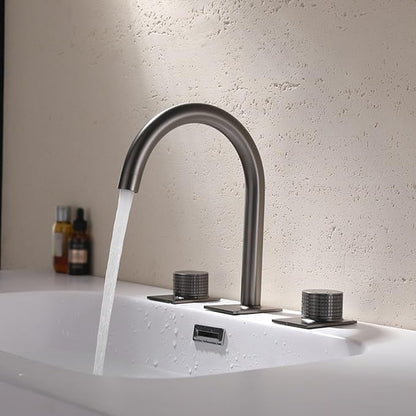 Water Faucet Restroom 3 Hole Gooseneck 2 Knob Faucet for Bathroom Sink Brass,Gun Gray