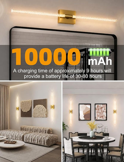 Rechargeable Wall Sconces Set of 2, Gold Crystal Bubble Wireless Wall Light | 10000mAh, Remote Control, 3000K-6000K Dimmable, 360° Adjustable, Ambient Lighting for Living Room, Bedroom, Picture, Bathroom
