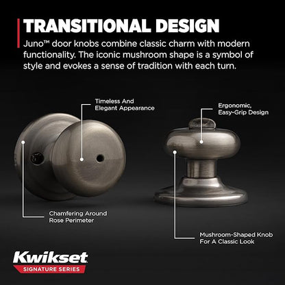 Kwikset Juno Interior Privacy Door Knob with Lock, Door Handle for Bathroom and Bedroom, Antique Brass Keyless Turn Lock Doorknob, with Microban Protection (Pack of 10)