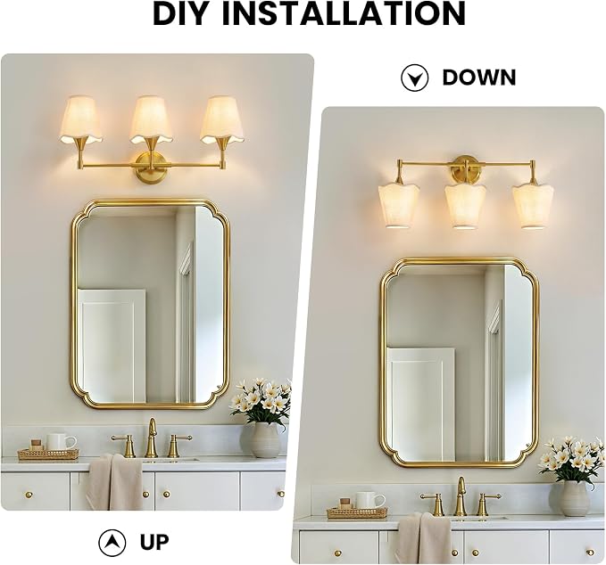 Gold Bathroom Vanity Light Fixtures: 3 Light Vanity Lighting Fixtures with Flared Fabric Shade, Brushed Gold Bathroom Lighting Fixture over Mirror, Wall Sconce Lights for Bedroom Hallway Living Room