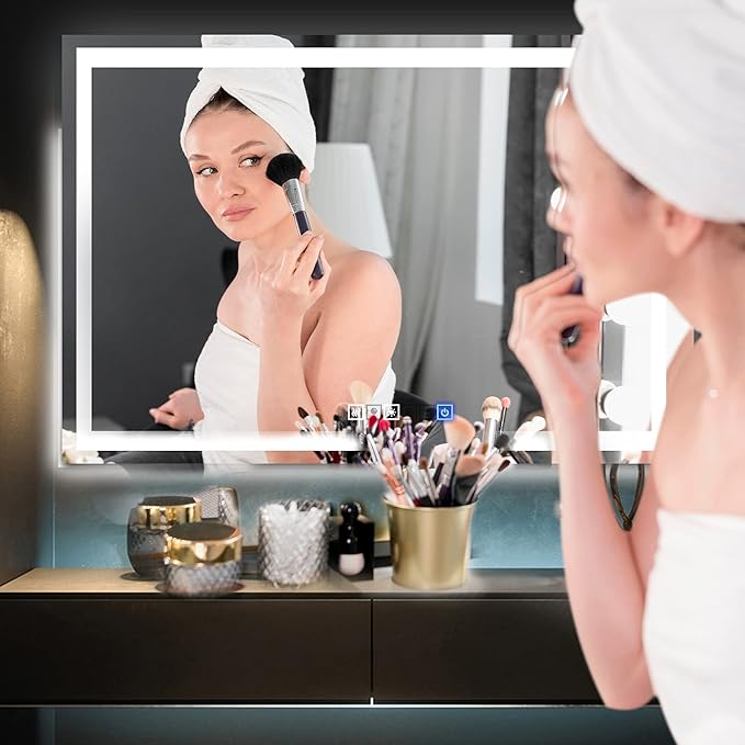 24x36 Inch Rectangular LED Bathroom Mirror with Lights Front and Backlit, 3 Color Modes, Touch Dimmer, Anti-Fog - Wall Mounted Vanity Mirror for Bathroom, Bedroom - Fab Glass and Mirror