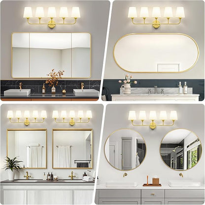 Bathroom Vanity Light, Brushed Gold Bathroom Light Fixtures, 5-Light Lighting Fixtures Over Mirror, Modern Wall Sconce with Flared White Fabric Shade, E26 Socket(ETL Listed)