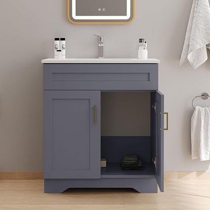 Bathroom 30" Vanity with Ceramic Sink, Wooden Double Door Bathroom Storage Cabinet, Freestanding Cabinet Vanity with Sink (Paint, Grey,30")