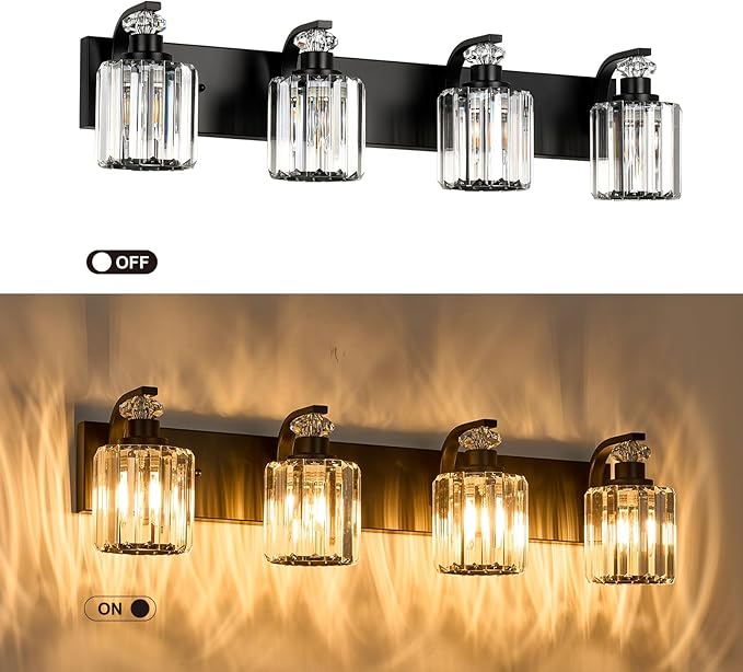 Black Bathroom Light Fixtures with K9 Crystal Lampshade Bathroom Lighting Over Mirror Vanity Lights for Living Room,Bedroom,Restroom,Hallway 4 Lights