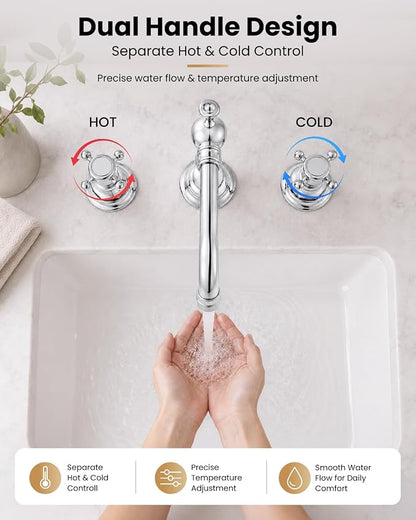 gotonovo 3 Hole 8’’ Widespread Bathroom Sink Faucet Polished Chrome | Vintage Bathroom Faucet,2 Cross Handle,6-16’’ Sink,Vanity,Basin,RV,Farmhouse,SUS304,24’’ cUPC Hose Pop Up Drain,Deck Mount
