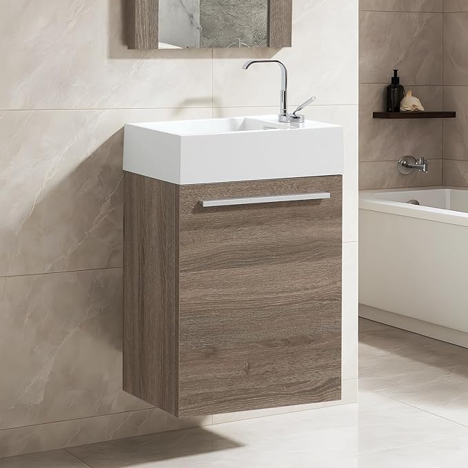 Blossom 18-Inch Floating Bathroom Vanity with Acrylic Sink, All-Wood Construction, Space-Saving Wall Mounted Vanity Cabinet for Compact Bathrooms, Modern Design Bathroom Sink Cabinet, Cart Oak