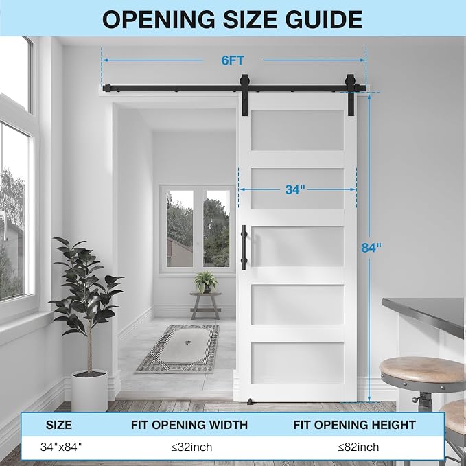 34in x 84in 5-Panel Sliding Glass Barn Door with 4ft Hardware Kit | Easy Assembly with Pre-Drilled Holes, Waterproof, Frosted Glass for Bathroom-Fit Max Opening 32in x 82in