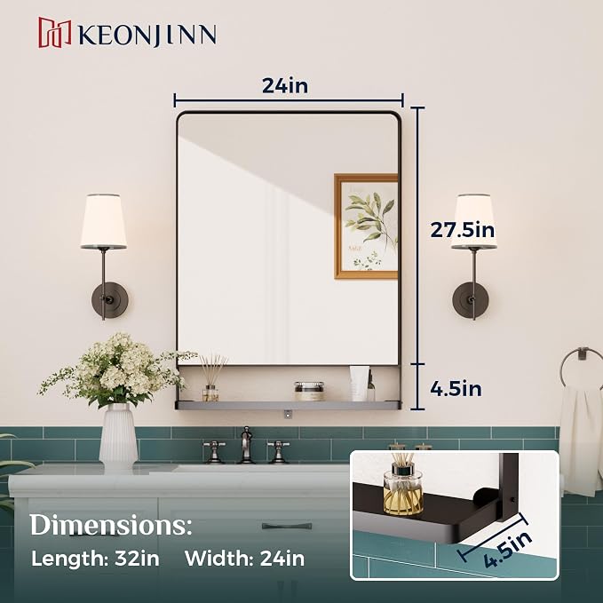 Keonjinn 24 x 32 in Black Bathroom Mirror with Shelf, Rounded Corner | Rust-Resistant, Rectangle Metal Bathroom Vanity Mirror with Storage, French Cleat Mount, Entryway, Bedroom, Hallway, Décor