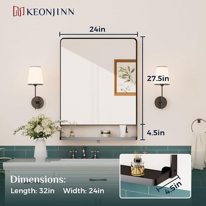 Keonjinn 24 x 32 in Black Bathroom Mirror with Shelf, Rounded Corner | Rust-Resistant, Rectangle Metal Bathroom Vanity Mirror with Storage, French Cleat Mount, Entryway, Bedroom, Hallway, Décor