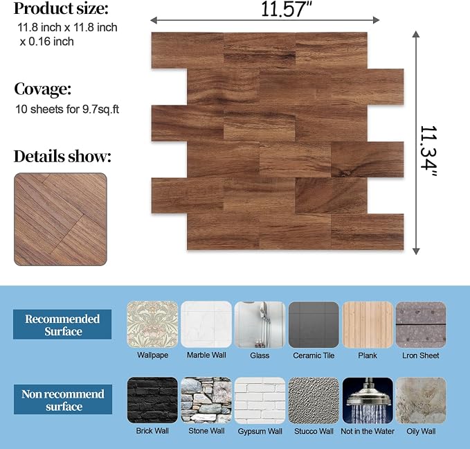 2026 New Upgrade Peel and Stick Backsplash Tile, Peel and Stick 11.34" X 11.57" Wall Tile for Kitchen, Bathroom, Fireplace, Laundry (Brown Woodgrain, 5 Packs)