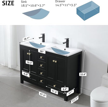 eclife 48" Bathroom Vanities with Sink Combo, Modern Thickened Wood Bathroom Storage Cabinet w/Undermount Double Sink, Matte Black Faucet Drain, Painted Surface, Black