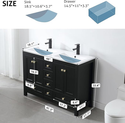 eclife 48" Bathroom Vanities with Sink Combo, Modern Thickened Wood Bathroom Storage Cabinet w/Undermount Double Sink, Matte Black Faucet Drain, Painted Surface, Black
