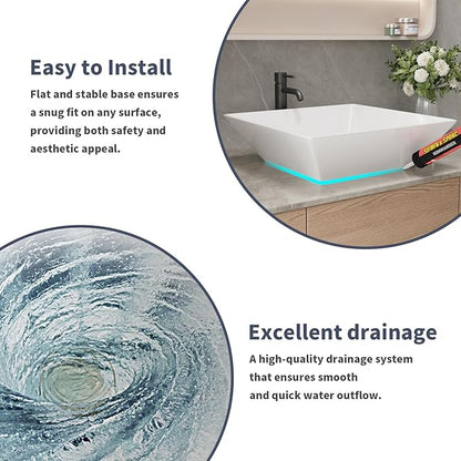 16"X16" Bathroom Vessel Sink Square Above Counter Rectangular White Porcelain Ceramic Modern Vanity Sink Rectangle Art Basin