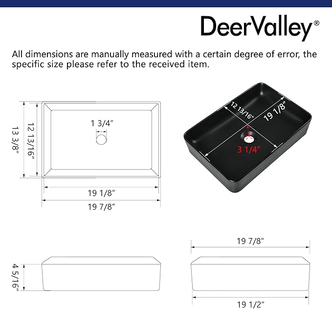 DeerValley DV-1V0010 Ally Bathroom Vessel Sink 20" Matte Black Rectangular Ceramic Bathroom Sinks