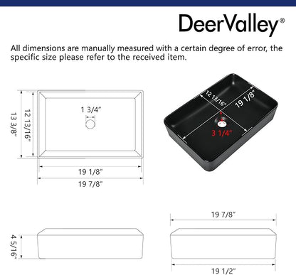DeerValley DV-1V0010 Ally Bathroom Vessel Sink 20" Matte Black Rectangular Ceramic Bathroom Sinks