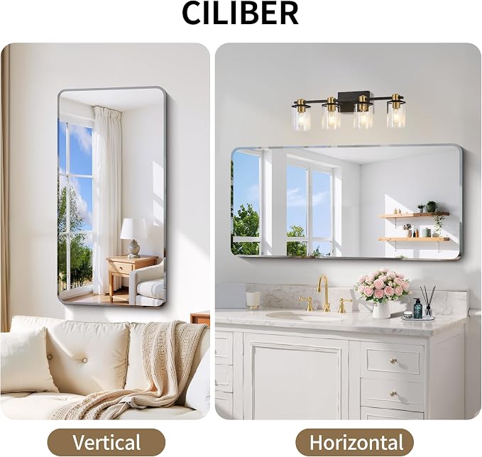 CILIBER Beveled Mirror, 24x48 Rectangle Bathroom Mirror Rounded Corner, 3mm Tempered Glass Frameless Vanity Mirror with Beveled Edge for Over Sink, Bedroom, Entryway, Vertical or Horizontal
