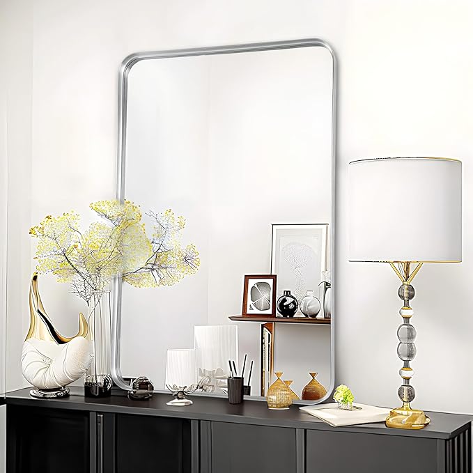 Fabuday Bathroom Wall Mirror Rectangle - 36x24 Inch Large Over Sink Framed Mirror Silver, Rectangular Brushed Mirrors Hanging for Bedroom, Restroom, Living Room, Entryway Decor