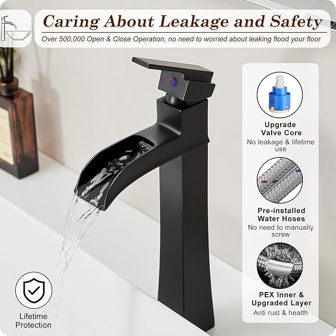 Vessel Sink Faucet Black, 12 Inch Waterfall Tall Bathroom Faucet One Hole with Pop-Up Drain & Pre-Installed Hoses, Single Handle for Bathroom Sink Bowl Deck Mount, Modern, Brass Material