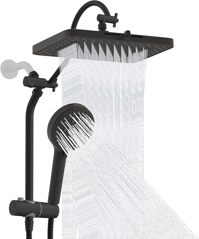 Hibbent Upgraded cUPC Certified 13'' Shower Head Combo, High Pressure 5 Spray Rainfall Showerhead with 10 Sprays Handheld, All Metal 3-way Diverter Shower Arm, 71'' Hose and Holder, Oil-Rubbed Bronze