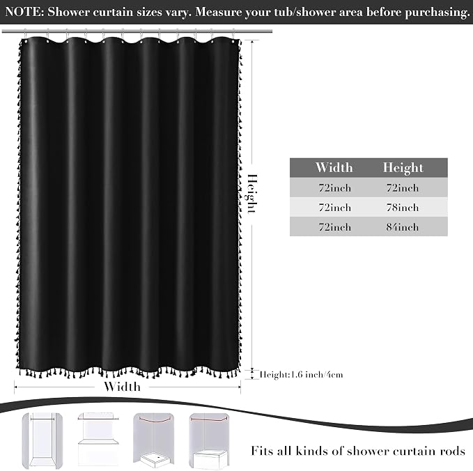 Extra Long Black Boho Linen Shower Curtain 84 Inches Textured Heavy Duty Fancy Tassel Farmhouse Fabric Bath Curtain Set with Hooks Neutral Modern Luxury Shower Curtains for Bathroom 72x84