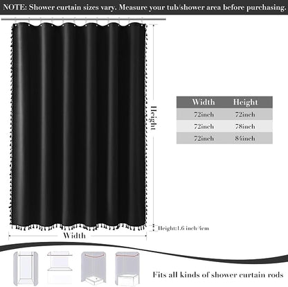 Extra Long Black Boho Linen Shower Curtain 84 Inches Textured Heavy Duty Fancy Tassel Farmhouse Fabric Bath Curtain Set with Hooks Neutral Modern Luxury Shower Curtains for Bathroom 72x84