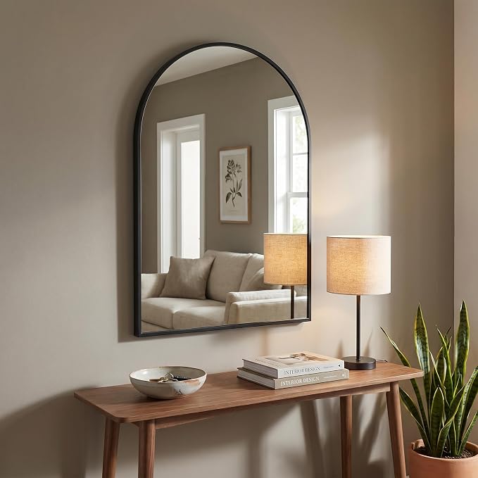 BEAUTYPEAK 28"x20" Arch Bathroom Wall Mirror, Black | Wall Mounted Vanity Metal Frame Mirror for Bedroom, Entryway, Living Room, Fireplace