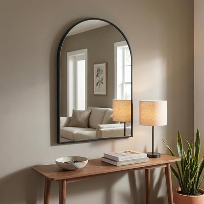 BEAUTYPEAK 28"x20" Arch Bathroom Wall Mirror, Black | Wall Mounted Vanity Metal Frame Mirror for Bedroom, Entryway, Living Room, Fireplace